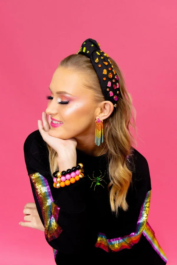 Adult Size Black Headband with Neon Ghosts & Crystals-Brianna Cannon Fashion