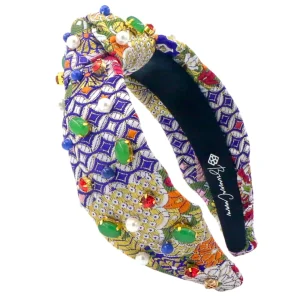 Adult Size Blue & Gold Floral Silk Headband with Cabochons & Crystals-Brianna Cannon Sale