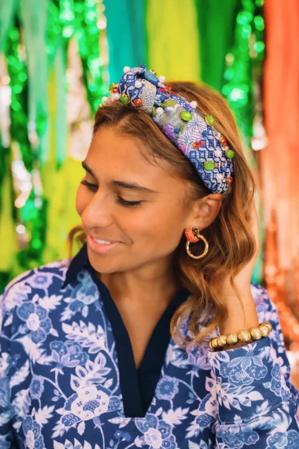 Adult Size Blue & Gold Floral Silk Headband with Cabochons & Crystals-Brianna Cannon Sale