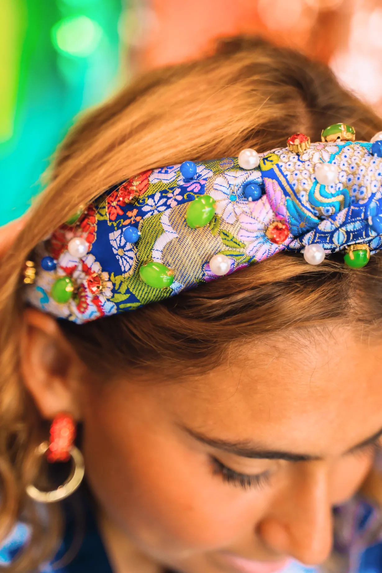 adult_size_blue__gold_flo_3.webp Adult Size Blue & Gold Floral Silk Headband with Cabochons & Crystals-Brianna Cannon Sale