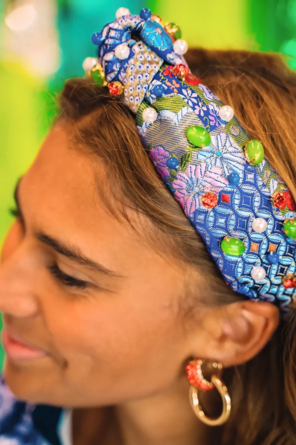 Adult Size Blue & Gold Floral Silk Headband with Cabochons & Crystals-Brianna Cannon Sale