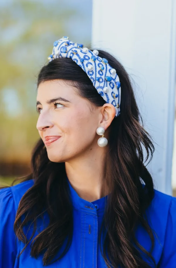 Adult Size Blue & White Mykonos Eyelet Headband-Brianna Cannon Online