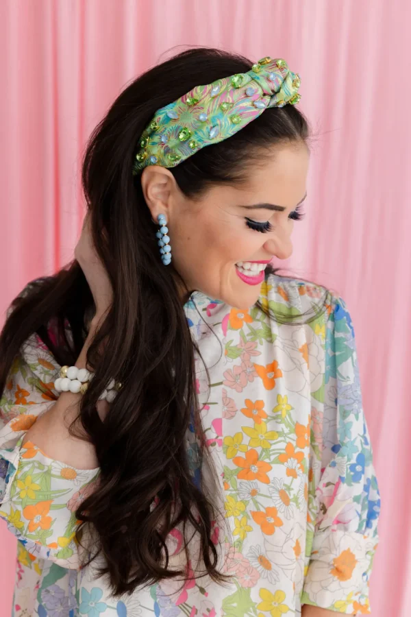 Adult Size Bright Green Floral Headband with Pink and Blue-Brianna Cannon New