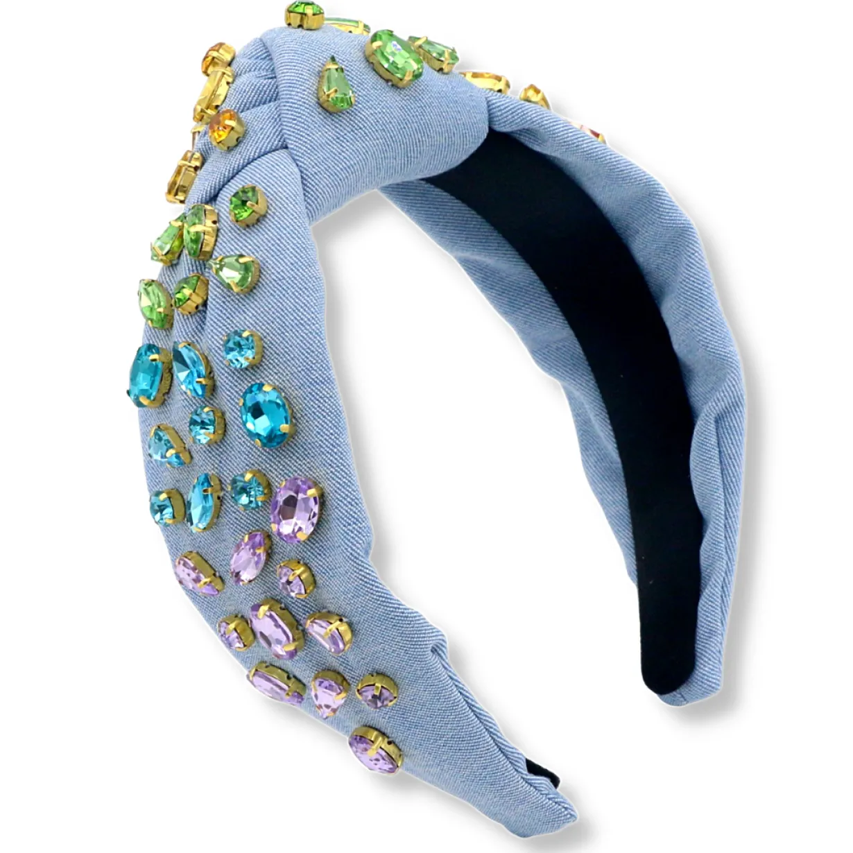 adult_size_denim_headband_2.webp Adult Size Denim Headband with Rainbow Gradient Hand-Sewn Crystals-Brianna Cannon Sale