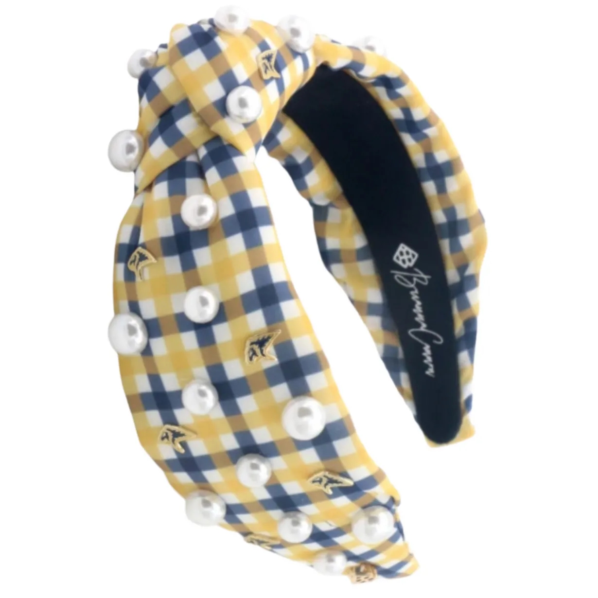adult_size_gold_and_navy__0.webp Adult Size Gold and Navy Gingham PCA Logo Headband With Pearls-Brianna Cannon Hot