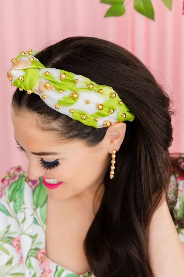 Adult Size Lime Green, White & Gold Headband With Gold Beads-Brianna Cannon Clearance