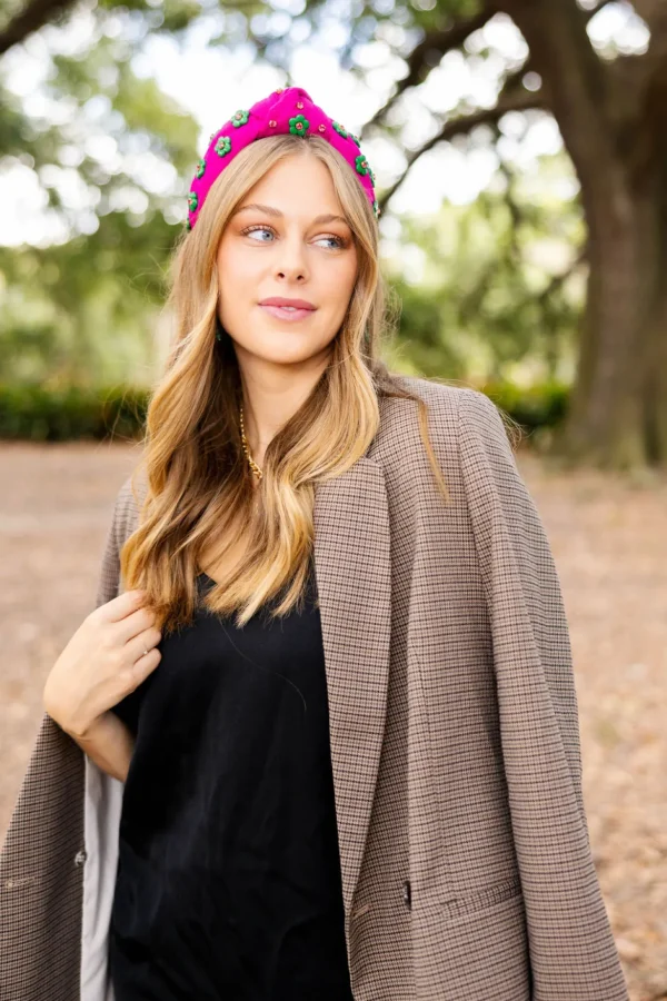 Adult Size Magenta Twill Headband with Green Flowers-Brianna Cannon Clearance