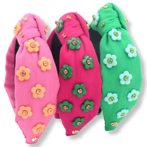 Adult Size Magenta Twill Headband with Green Flowers-Brianna Cannon Clearance