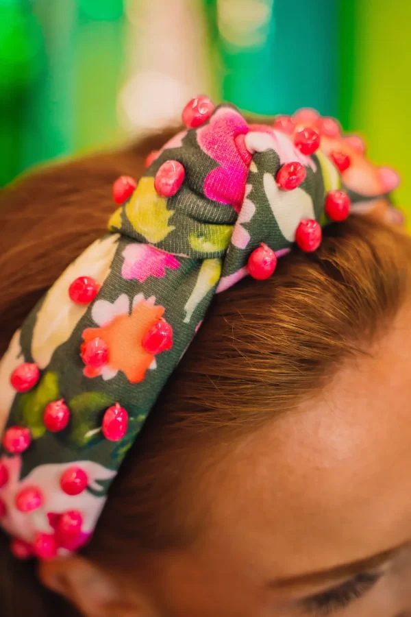 Adult Size Mossy Floral Headband with Pink Beads-Brianna Cannon Fashion