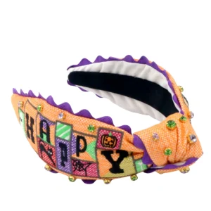 Adult Size Orange Cross-Stitch Embroidered Halloween Headband with Crystals-Brianna Cannon Hot