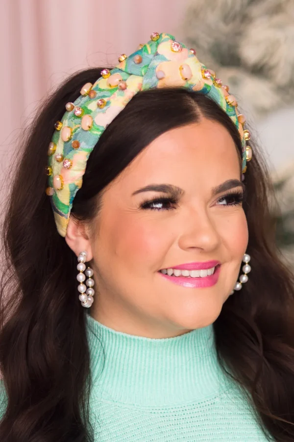 Adult Size Peach & Green Floral Headband With Cabochons & Crystals-Brianna Cannon Best