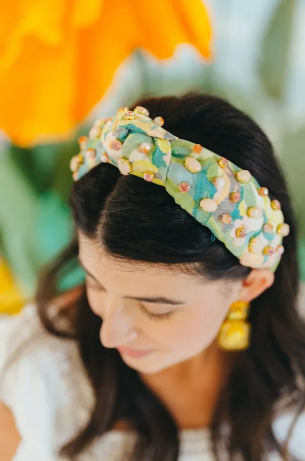 Adult Size Peach & Green Floral Headband With Cabochons & Crystals-Brianna Cannon Best