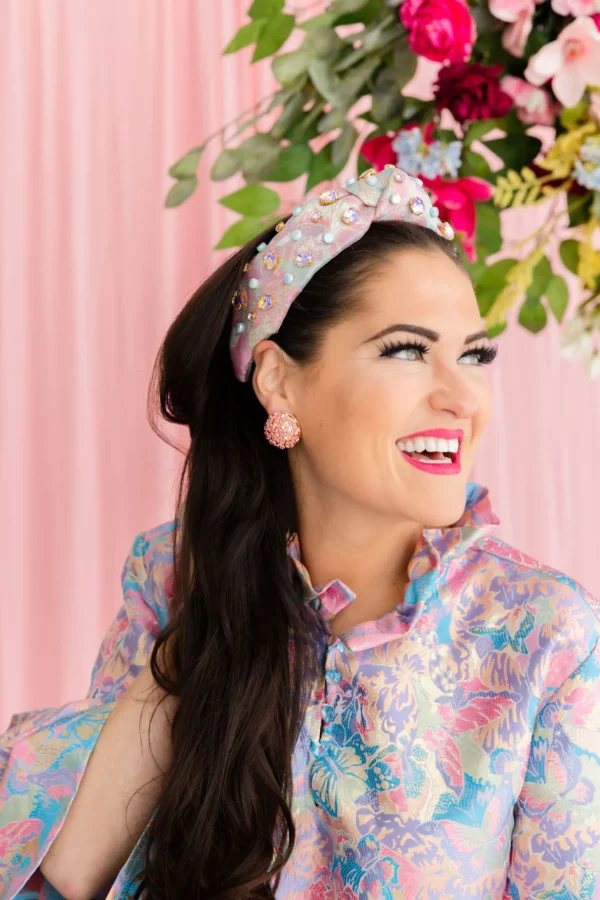 Adult Size Pink & Blue Brocade Headband with Crystals & Stones-Brianna Cannon Fashion