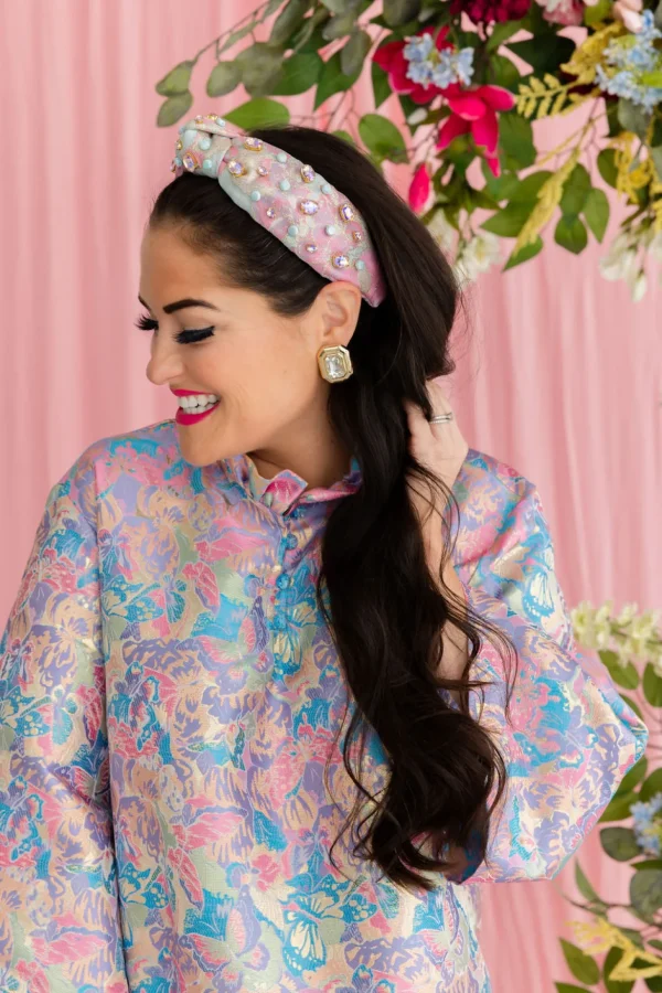 Adult Size Pink & Blue Brocade Headband with Crystals & Stones-Brianna Cannon Fashion