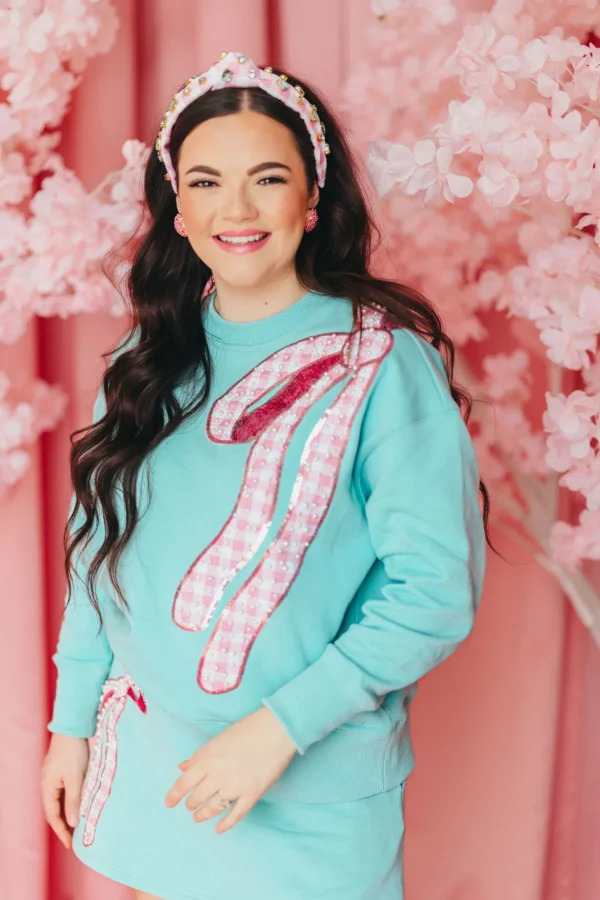 Adult Size Pink Gingham Headband with Robin Egg Blue Rhinestones-Brianna Cannon Clearance