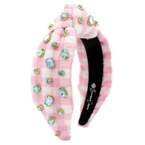Adult Size Pink Gingham Headband with Robin Egg Blue Rhinestones-Brianna Cannon Clearance