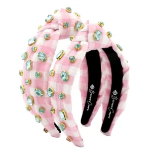Adult Size Pink Gingham Headband with Robin Egg Blue Rhinestones-Brianna Cannon Clearance