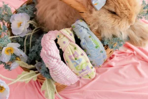 Adult Size Pink Seersucker Headband with Mother of Pearl Bunnies-Brianna Cannon New