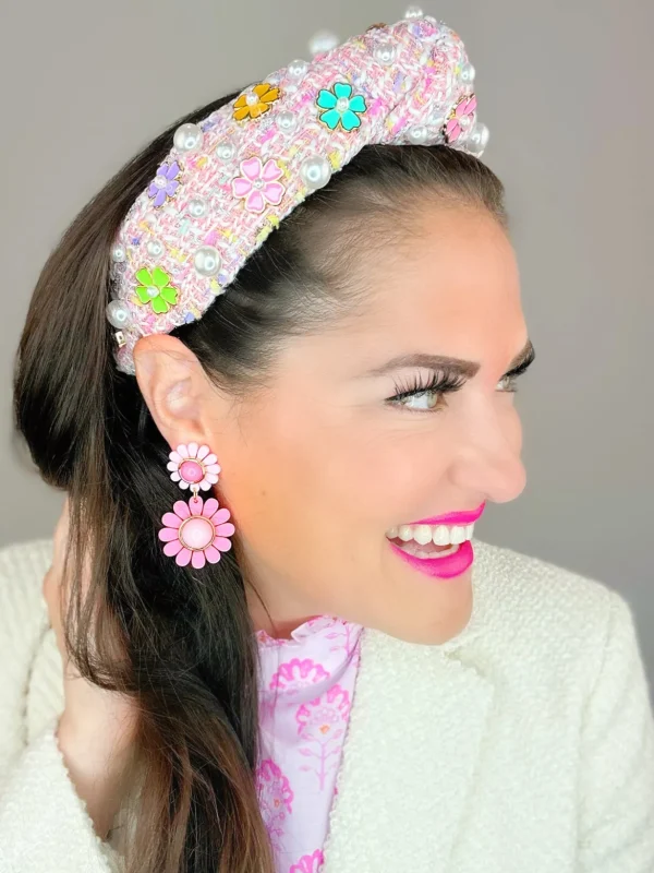 Adult Size Pink Tweed Headband with Flowers-Brianna Cannon Online