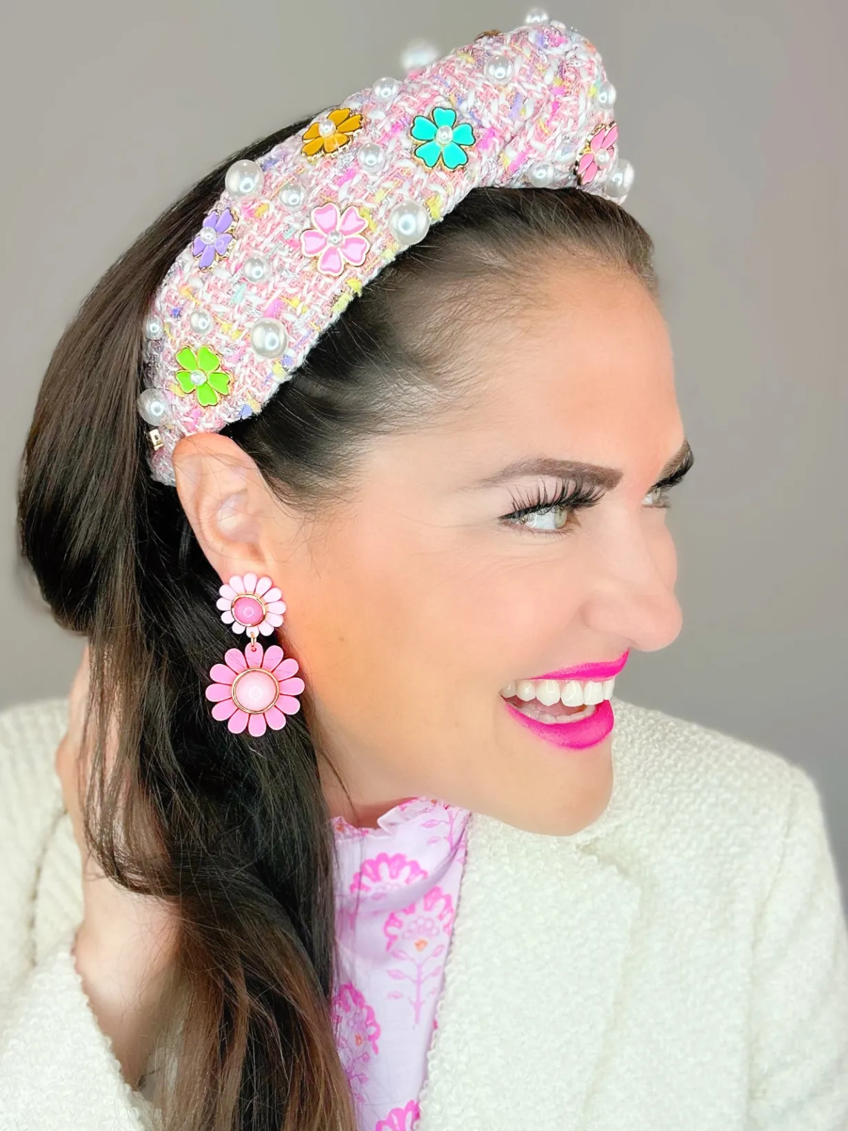 adult_size_pink_tweed_hea_1.webp Adult Size Pink Tweed Headband with Flowers-Brianna Cannon Online