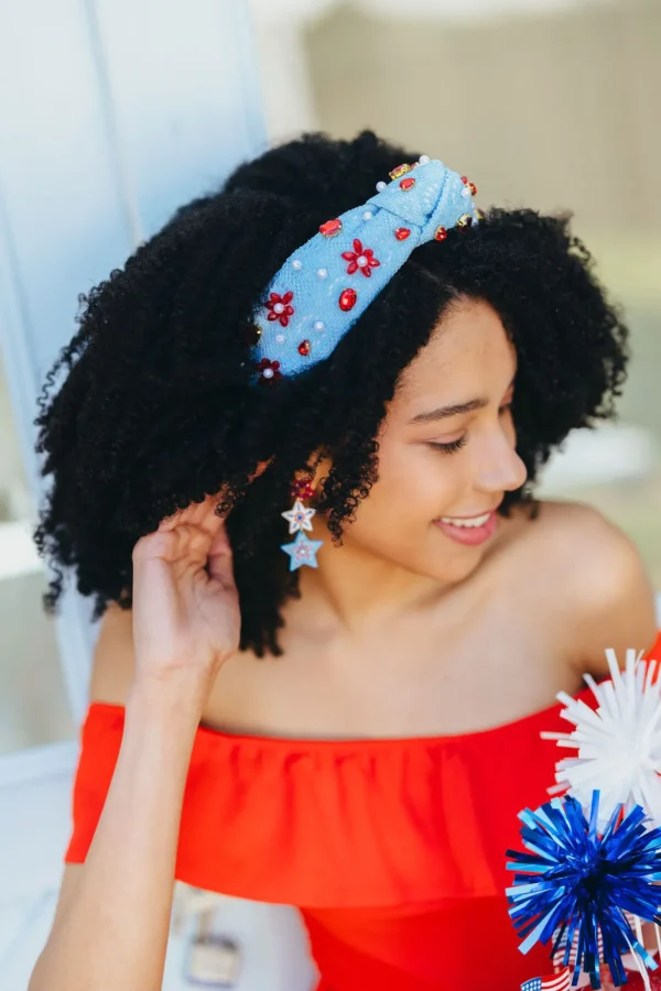 Adult Size Powder Blue Crochet Headband With Red Flowers & Pearls-Brianna Cannon Online