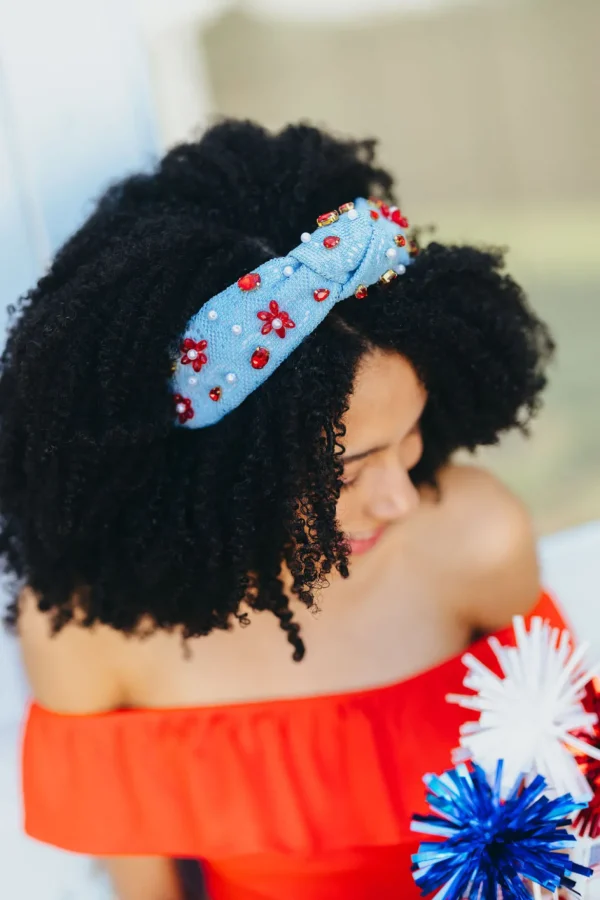 Adult Size Powder Blue Crochet Headband With Red Flowers & Pearls-Brianna Cannon Online