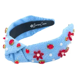 Adult Size Powder Blue Crochet Headband With Red Flowers & Pearls-Brianna Cannon Online