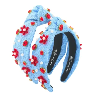 Adult Size Powder Blue Crochet Headband With Red Flowers & Pearls-Brianna Cannon Online