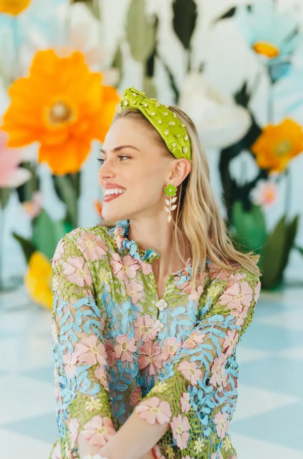 Adult Size Shimmer Headband with Hand-Sewn Crystals in Green-Brianna Cannon Outlet