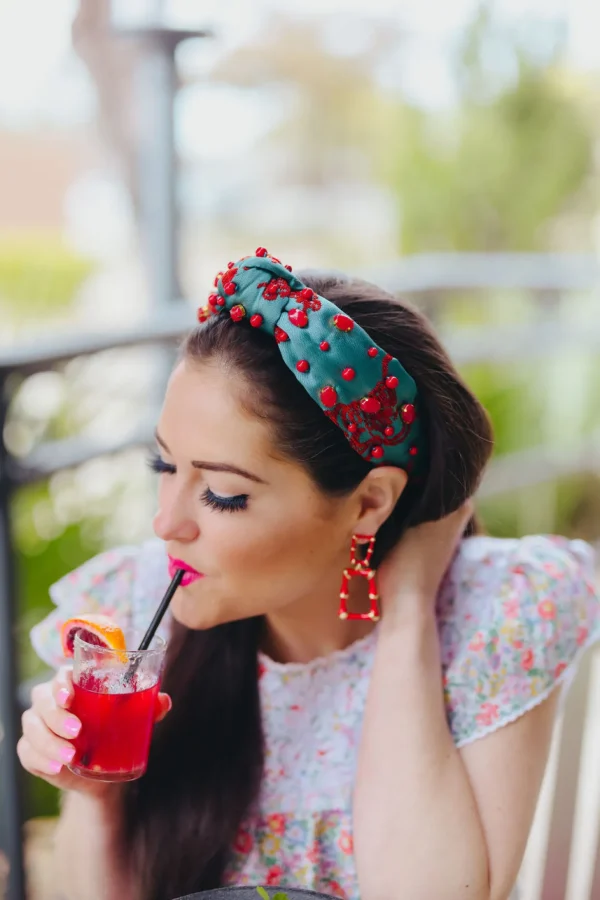 Adult Size Teal Headband With Red Floral Embroidery and Stones-Brianna Cannon Hot