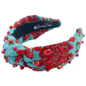 Adult Size Teal Headband With Red Floral Embroidery and Stones-Brianna Cannon Hot