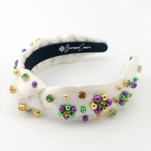 Adult Size White Shimmer Mardi Gras Headband with Beads & Crystals-Brianna Cannon Sale