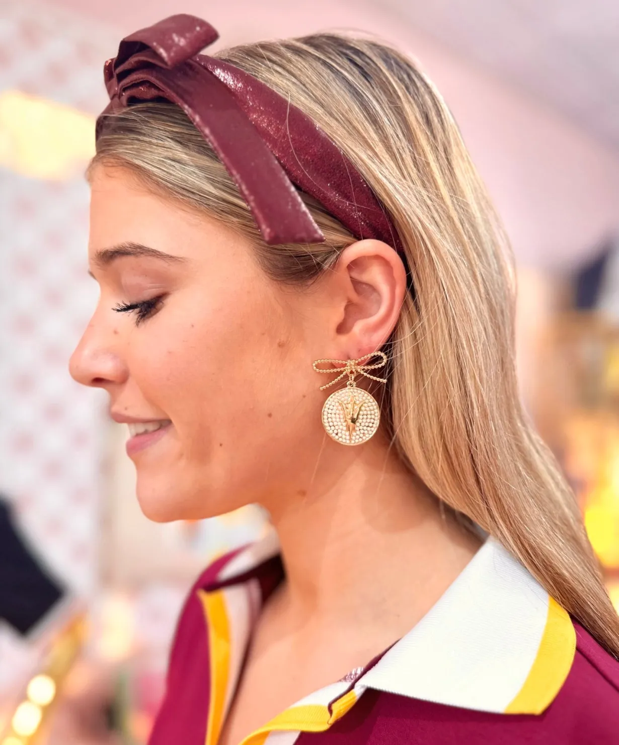 arizona_state_pearl_bow_m_1.webp Arizona State Pearl Bow Medallion Earrings-Brianna Cannon New
