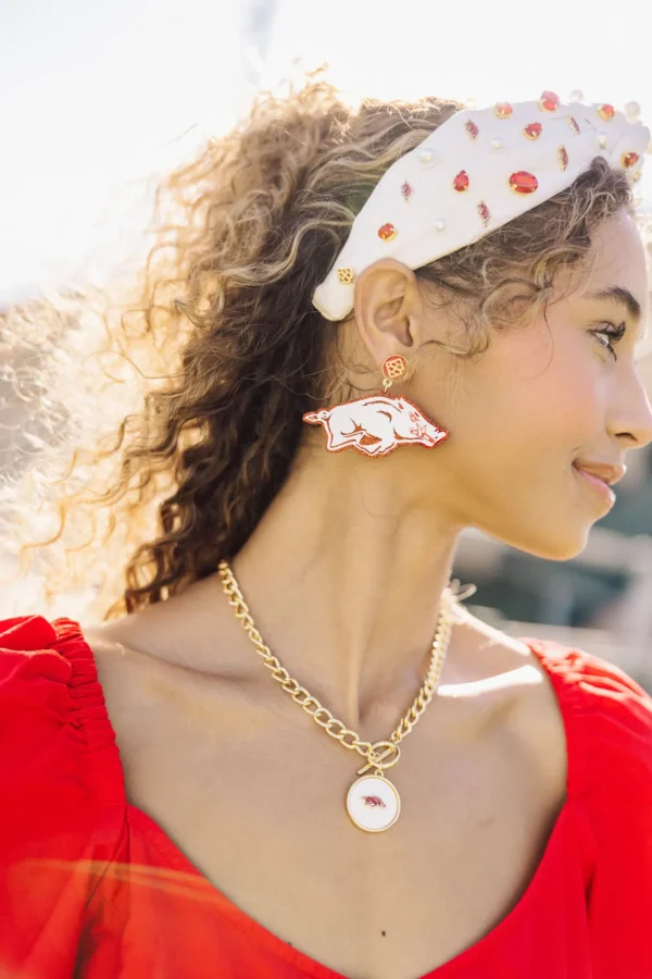 Arkansas White Running Razorback Earrings-Brianna Cannon Best