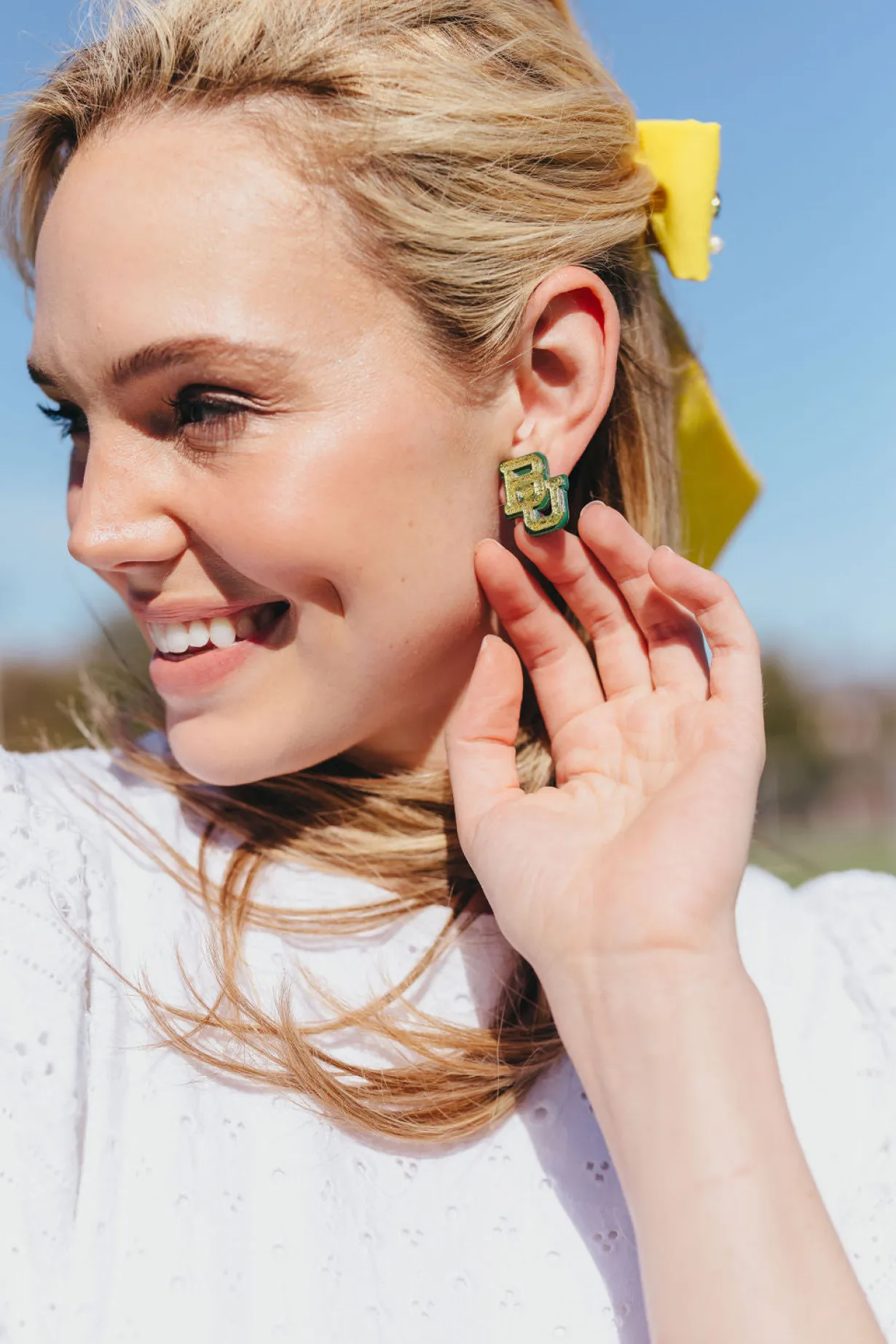 baylor_gold_glitter_and_g_1.webp Baylor Gold Glitter and Green Logo Studs-Brianna Cannon New