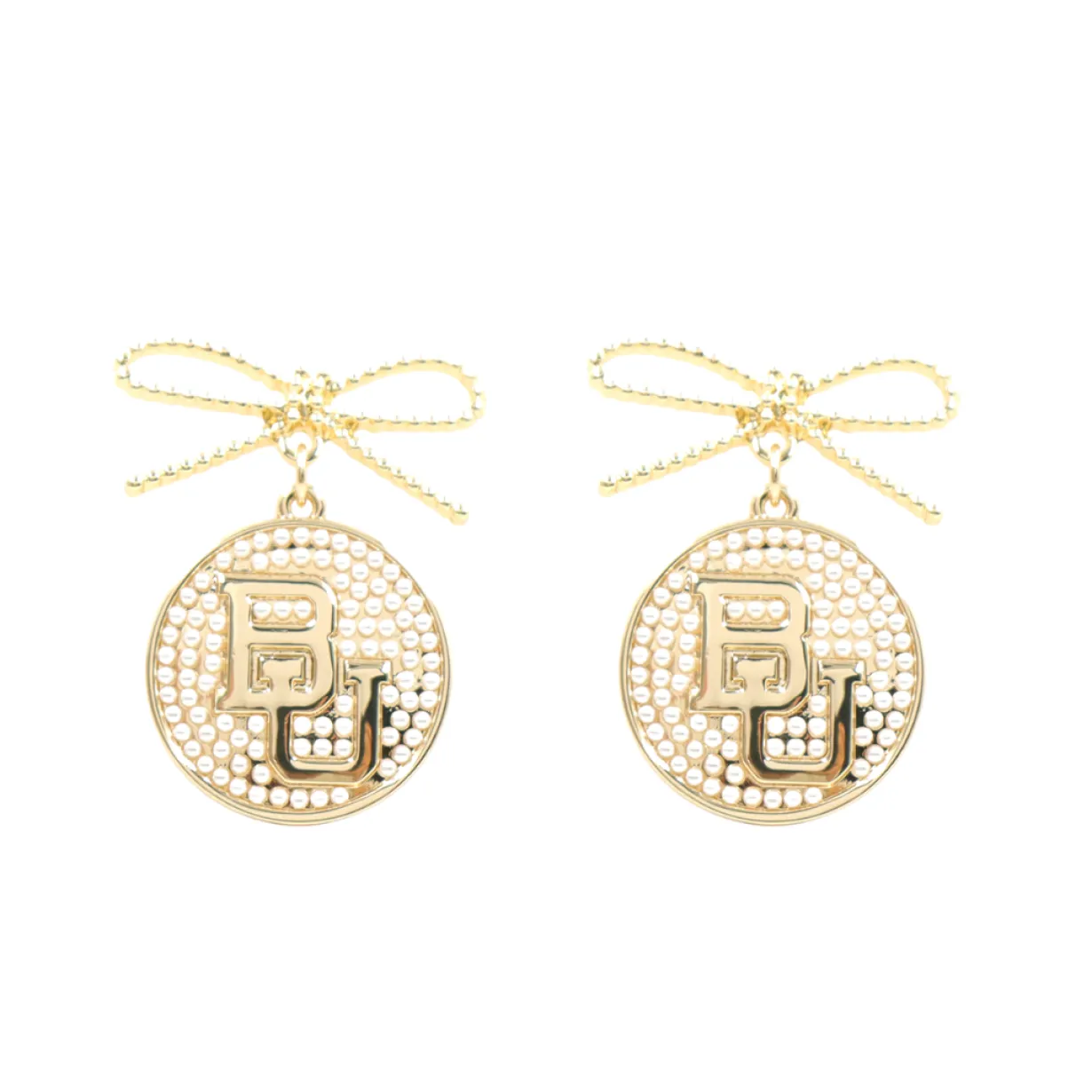 baylor_logo_pearl_medalli_0.webp Baylor Logo Pearl Medallion Earring-Brianna Cannon New