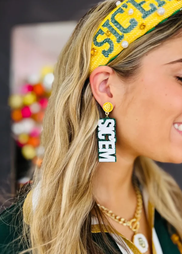 Baylor White and Green Glitter Sic'Em Bears Earrings-Brianna Cannon New