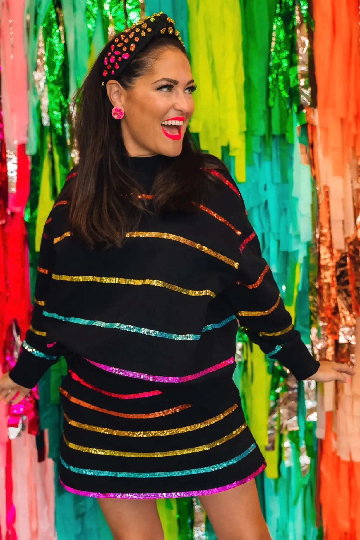 bc_black_rainbow_sequin_s_1.webp BC Black Rainbow Sequin Stripe Skirt/Skort-Brianna Cannon Outlet