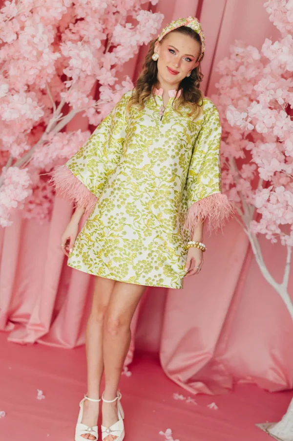 BC Caftan - Chartreuse and Blush with Feathers PRE-ORDER (Est. Ship 3/18)-Brianna Cannon Sale