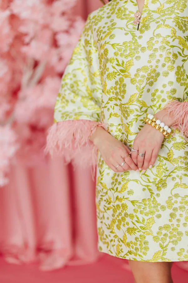 BC Caftan - Chartreuse and Blush with Feathers PRE-ORDER (Est. Ship 3/18)-Brianna Cannon Sale