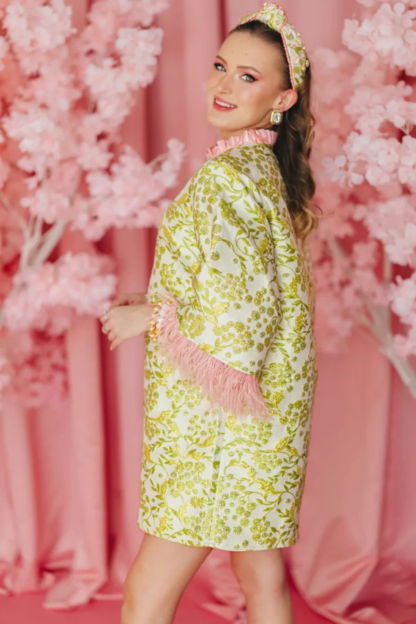 BC Caftan - Chartreuse and Blush with Feathers PRE-ORDER (Est. Ship 3/18)-Brianna Cannon Sale