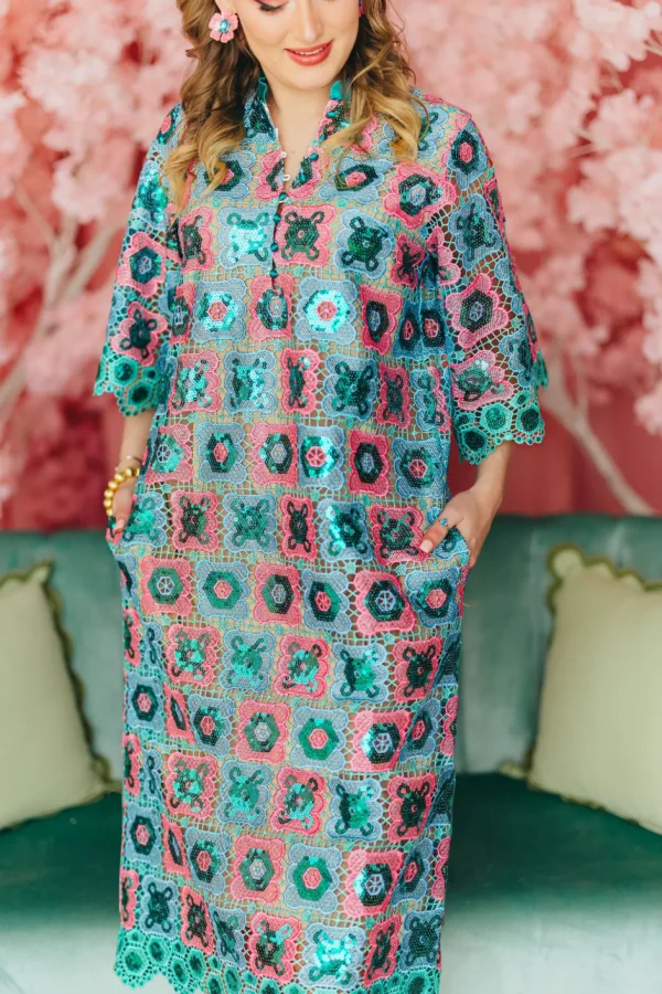 BC Midi Caftan - Turquoise Mosaic PRE-ORDER (Est. Ship 3/18)-Brianna Cannon Clearance
