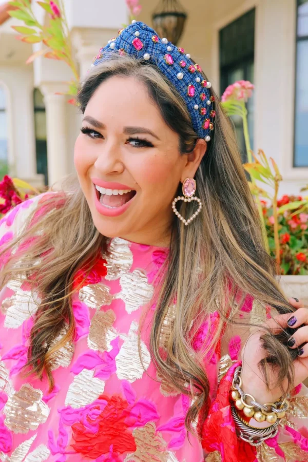 BC x Stylin Brunette - Blue Tweed Headband with Hot Pink Crystals & Pearls-Brianna Cannon Discount