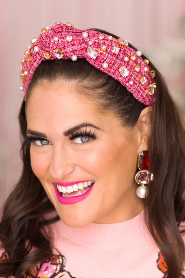 BC x Stylin Brunette - Maroon Tweed Headband with Blush Pink Crystals & Pearls-Brianna Cannon New