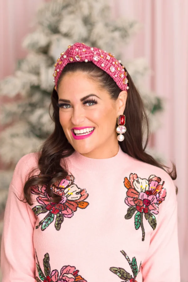 BC x Stylin Brunette - Maroon Tweed Headband with Blush Pink Crystals & Pearls-Brianna Cannon New