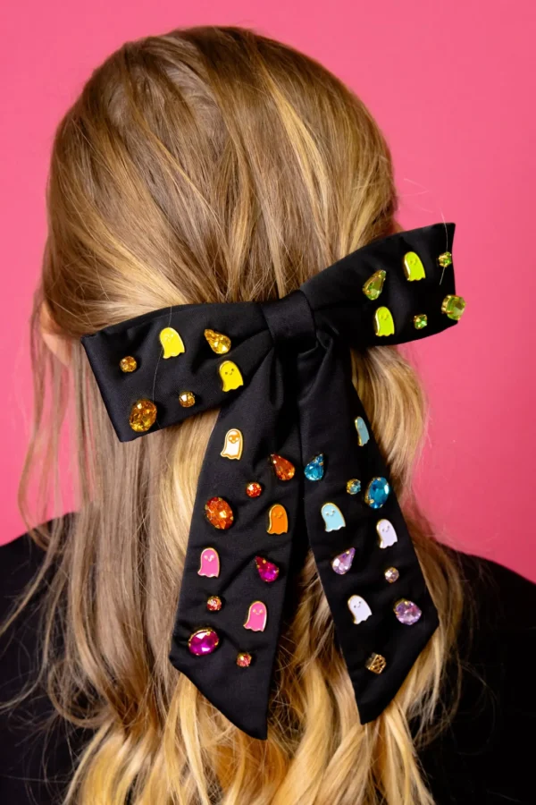Black Bow Barrette With Neon Ghosts & Crystals-Brianna Cannon New