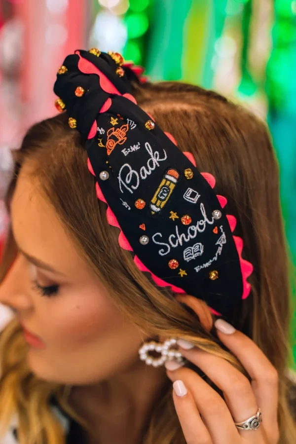 Black Embroidered Back to School Headband with Crystals-Brianna Cannon Outlet