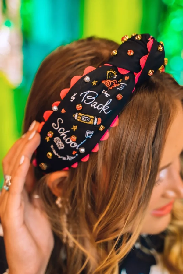 Black Embroidered Back to School Headband with Crystals-Brianna Cannon Outlet