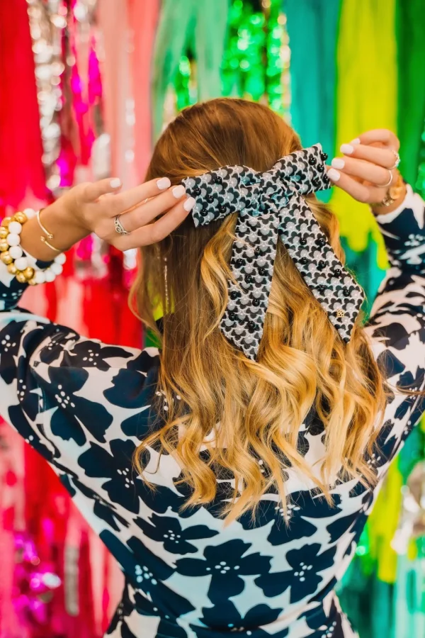 Black Scalloped Bow Barrette With Black Beads-Brianna Cannon Hot
