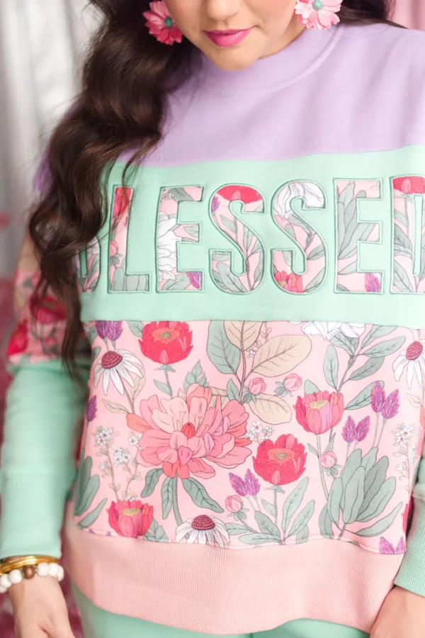 BLESSED Floral Fleece-Lined Sweatshirt-Brianna Cannon Hot